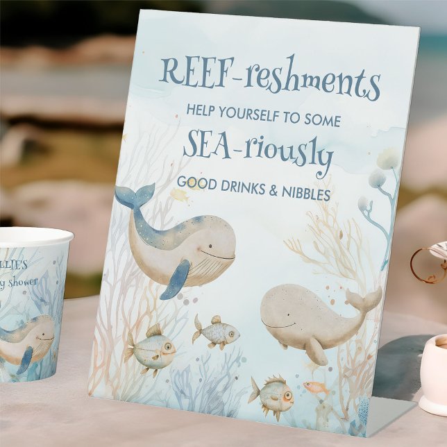 Fun Under the Sea Whale Baby Shower Buffet Table Pedestal Sign (Refreshments table sign  from the Whale Baby Shower Collection by Darling & May)