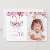Fun Unicorn face watercolor photo party invite.