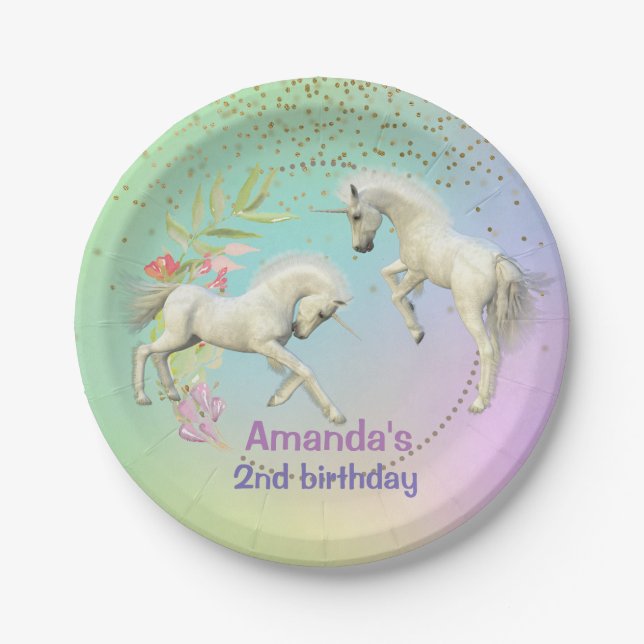 Fun Unicorn Foals Birthday Party Rainbow Paper Plate (Front)