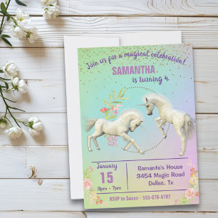 Fun Unicorn Foals Rainbow Fantasy Gold Confetti Invitation