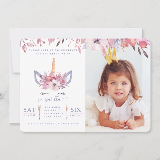 Fun Unicorn visage aquarelle photo invitation de l (Devant)