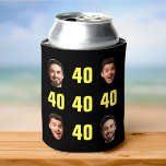 Fun Unique 40th Birthday 2 Photo Cool Retro Can Cooler<br><div class="desc">Fun 40th birthday 2 photo can cooler in retro bold yellow design. Year is customizable to suit any birthday year! To get the cutout effect please use a png file with background already cut out. If not, photo will appear as a circle surrounded by it's own background, just like the...</div>