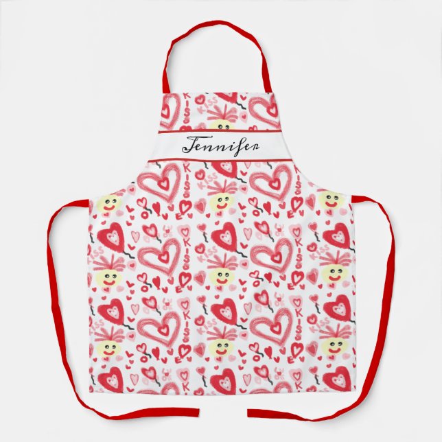 Fun Valentines Red Pink Heart Doodle Personalized Apron (Front)