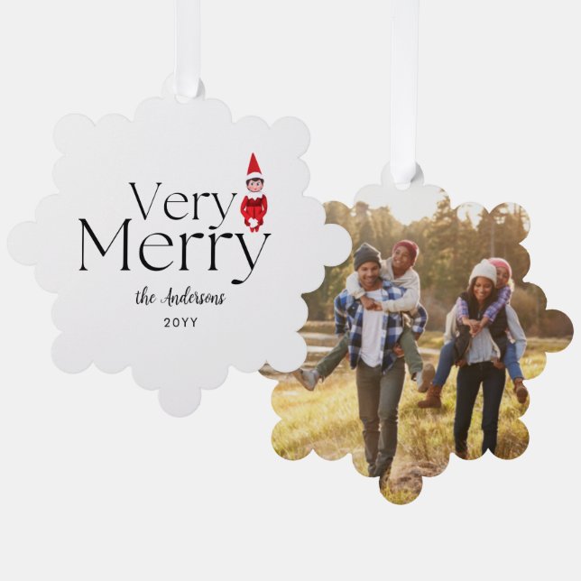 fun very merry christmas elf family holiday ornament card (Front/Back)