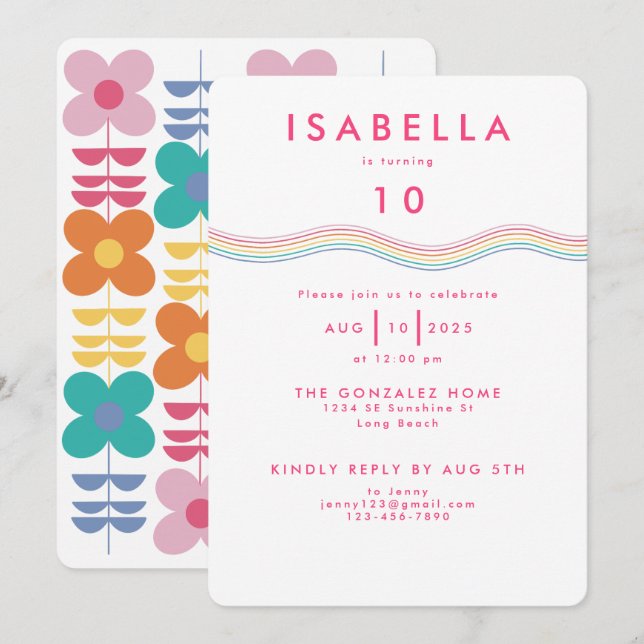 Fun Vibrant Retro Flower Birthday Invitation (Front/Back)