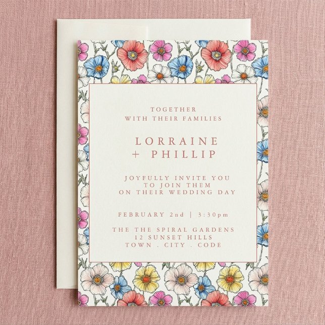Fun vibrant wildflowers pattern wedding invitation (Fun vibrant wildflowers pattern wedding invitation.)
