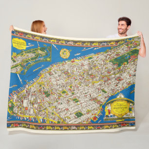 Fun Vintage 1926 Restored Pictorial Manhattan Map Fleece Blanket