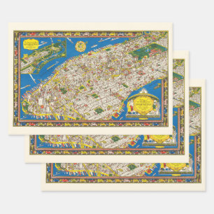 Fun Vintage 1926 Restored Pictorial Manhattan Map Wrapping Paper Sheet