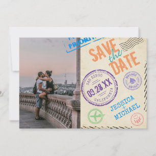 Fun Vintage Airmail Stamps Typography Photo Save The Date