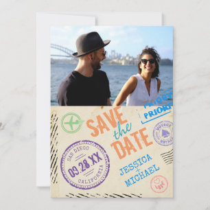 Fun Vintage Airmail Stamps Typography Photo Save The Date