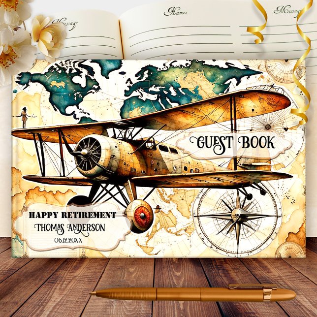 Fun Vintage Airplane Travel Retirement Guest Book (Retirement travel guest book featuring a painting of a vintage airplane on a map with compass)