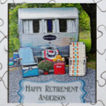 Fun Vintage Camper Trailer Happy Retirement Jigsaw Puzzle<br><div class="desc">A fun vintage camper Happy Retirement puzzle. The retro style travel trailer has three windows and each window has curtains. There is a plaque underneath the windows which reads: Retro Traveller. In front of the trailer there are two webbed retro lawn chairs, two old-time coolers, a potted plant, and a...</div>