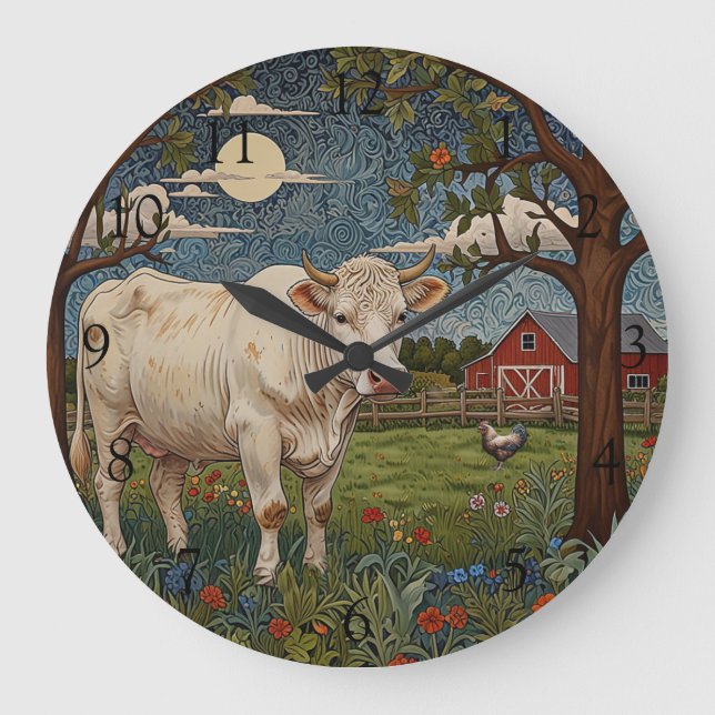 Fun vintage cow in pasture scene large clock (Front)