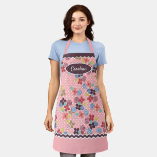 Fun Vintage Flowers Polkadots Pattern Blush Pink Apron