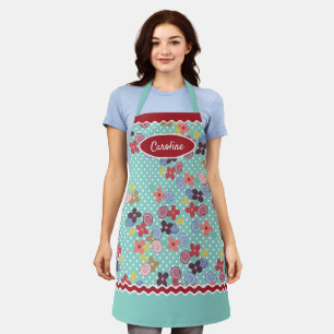 Fun Vintage Flowers Polkadots Pattern Mint Green Apron