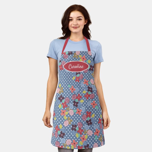 Fun Vintage Flowers Polkadots Pattern On Blue Apron (Worn)
