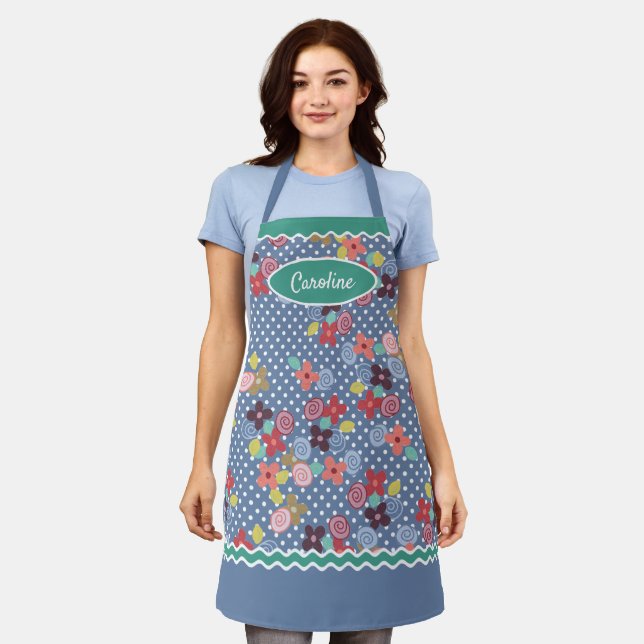 Fun Vintage Flowers Polkadots Pattern On Blue Apron (Worn)
