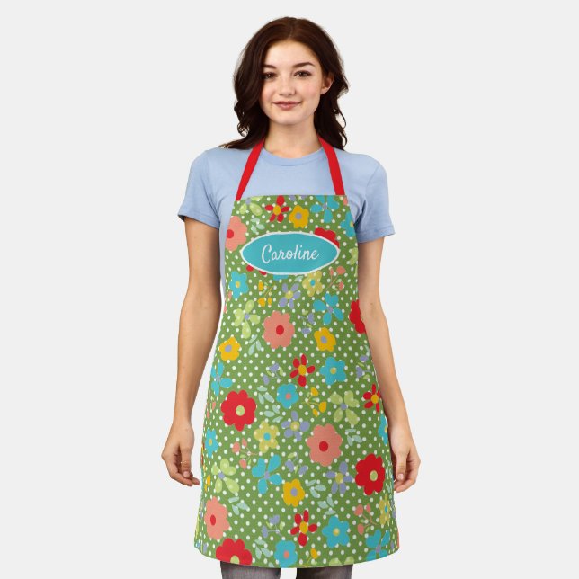 Fun Vintage Flowers Polkadots Pattern On Green Apron (Worn)