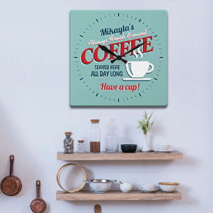 Fun Vintage Fresh Brewed Coffee Personalized Square Wall Clock