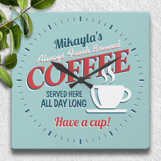 Fun Vintage Fresh Brewed Coffee Personalized Square Wall Clock