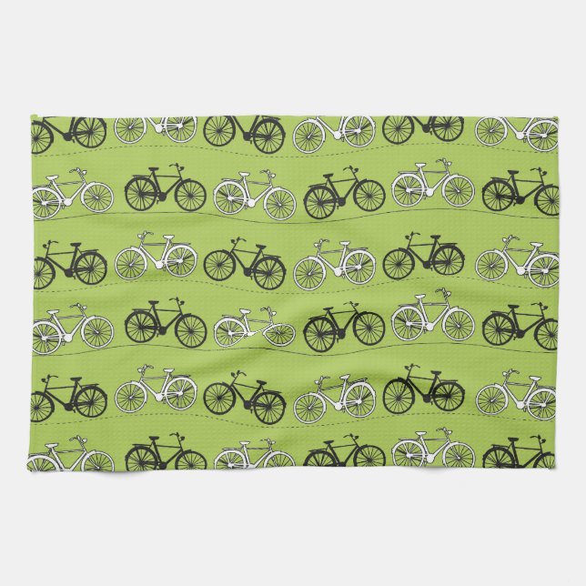 Fun Vintage Green Bicycles Pattern Print Kitchen Towel (Horizontal)