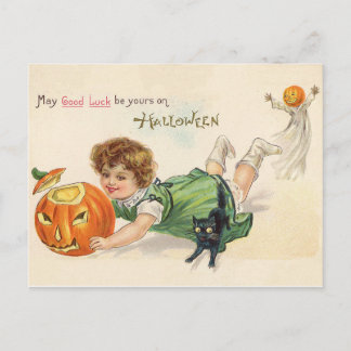 Fun Vintage Jack O' Lantern Halloween Good Luck Postcard