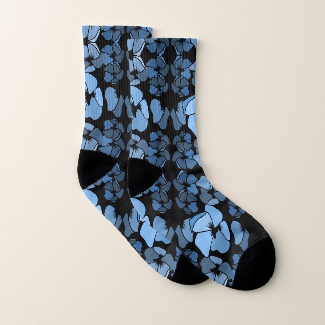 Fun Vivid Blue and Black Floral Pattern Socks (Pair)