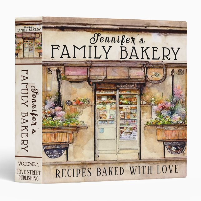 Fun Watercolor Bakery Cookbook 3 Ring Binder (Front/Spine)