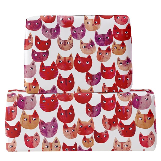 Fun Watercolor Cat Art Red Pink Purple Wrapping Paper (Fun watercolor kitty cat gift wrapping paper roll in red, pink, purple and orange)