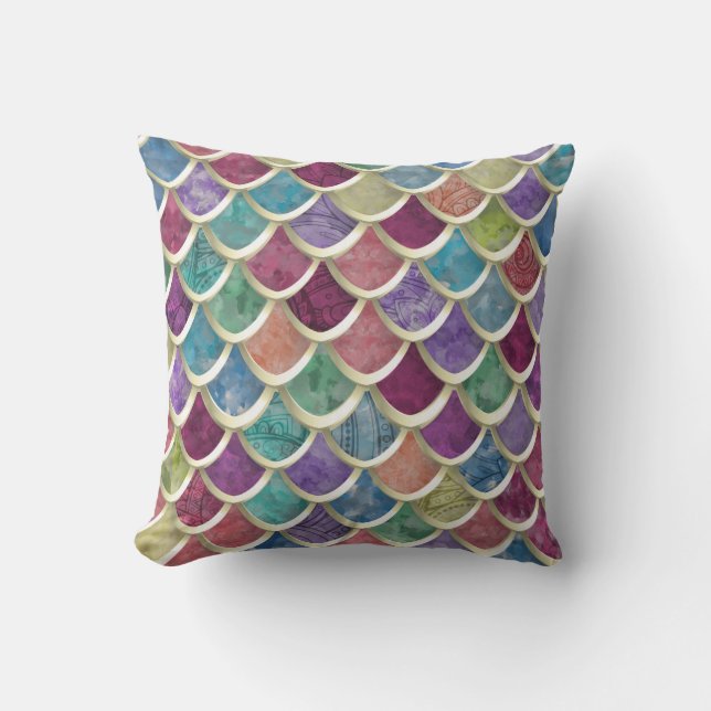 Fun Watercolor  Fish-scale pattern Throw Pillow (Front)