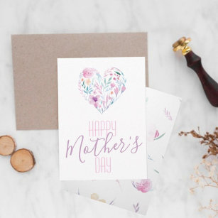 Fun Watercolor Flower Heart Happy Mother's day Card