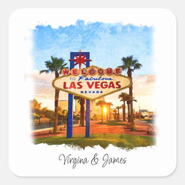 Fun Watercolor Las Vegas Sign Wedding Square Sticker (Front)