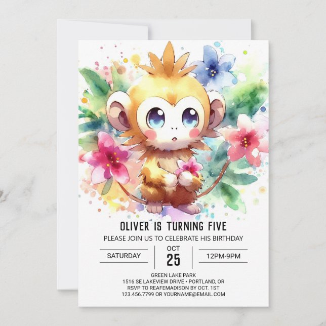 Fun Watercolor Monkey Birthday Invitation (Front)