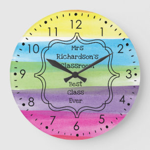 Fun Watercolor Paint Rainbow Teacher Large Clock