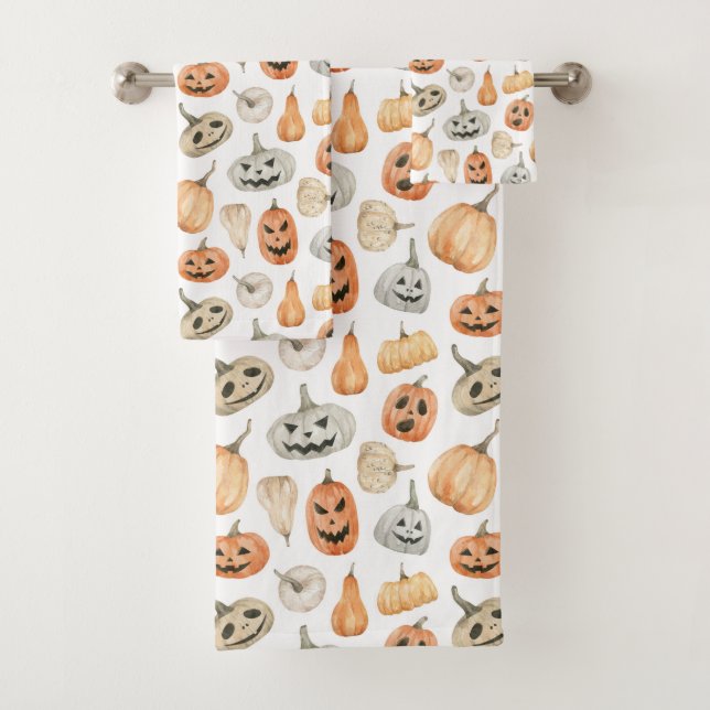 Fun Watercolor Pumpkin Pattern Bath Towel Set (Insitu)
