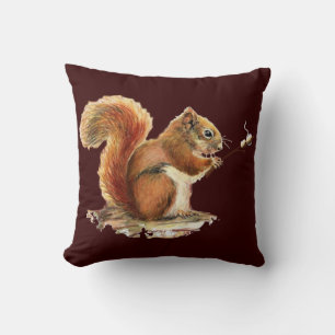 Fun Watercolor Red Squirrel roasting Marshmallows Throw Pillow