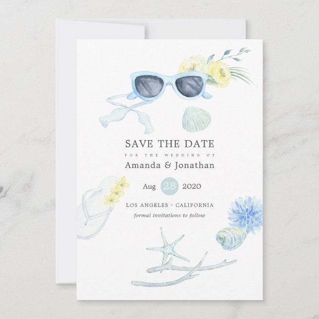 Fun Watercolor Summer Beach Wedding Save The Date (Front)