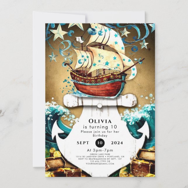 Fun Watercolor Treasure Pirate Birthday Invitation (Front)