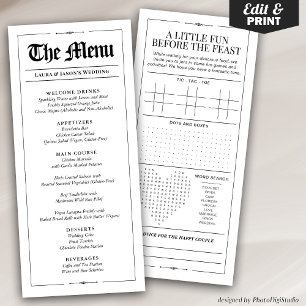 Fun Wedding Menu with Wedding Games Newspaper
