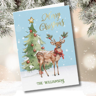 Fun Well-dressed Watercolor Reindeer Tree  Card