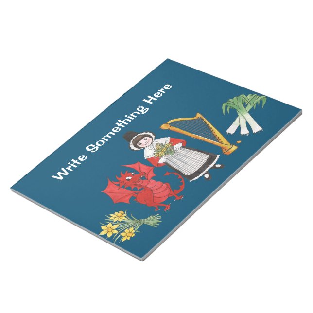 Fun Welsh Costume and Emblems on Blue Notepad (Angled)