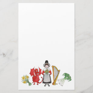 Fun Welsh Costume and Emblems on Blue Notepaper Stationery