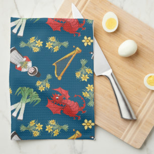 Fun Welsh Emblems on Blue Kitchen Towel, Tea Towel