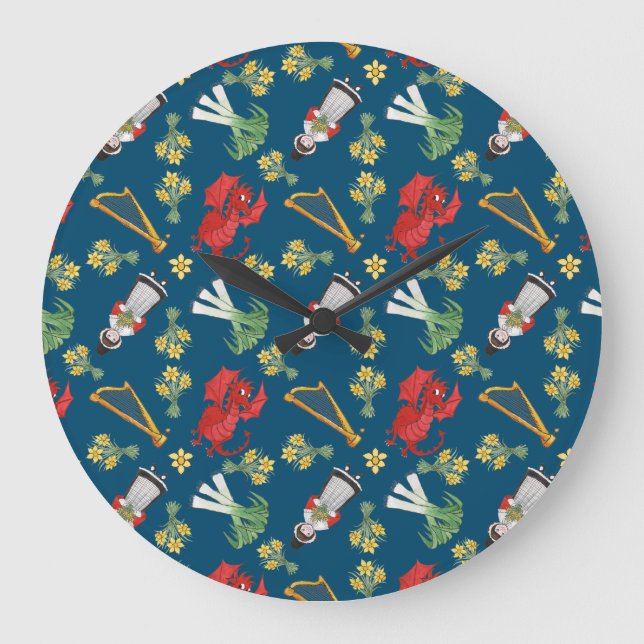 Fun Welsh Emblems on Blue Round Wall Clock (Front)