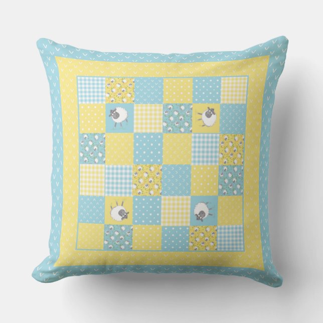 Fun Welsh Sheep, Faux Patchwork, Coussin ou coussi (Recto)