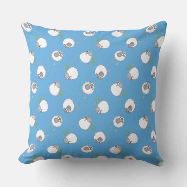 Fun Welsh Sheep Pattern on Sky Blue Background Throw Pillow (Front)