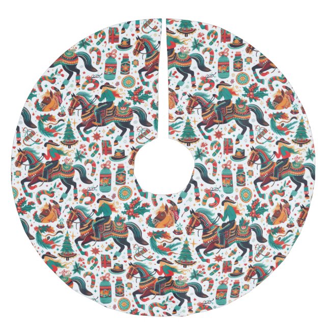 Fun Western Horse Christmas Green Brushed Polyester Tree Skirt (Front)