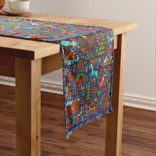 Fun Western Pattern Christmas Blue Short Table Runner