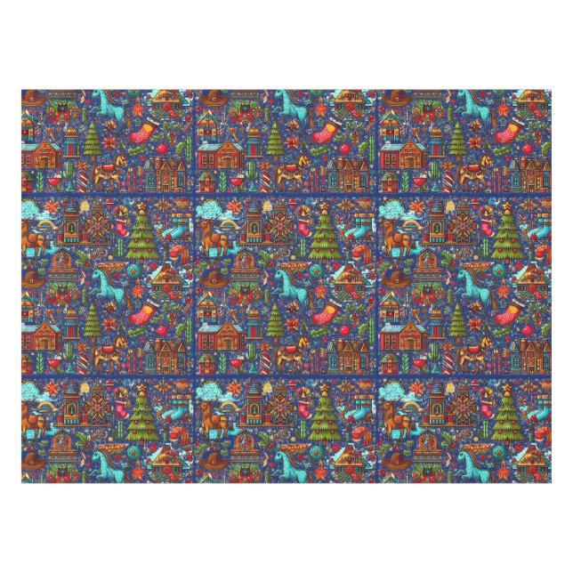 Fun Western Pattern Christmas Blue Tablecloth (Front (Horizontal))