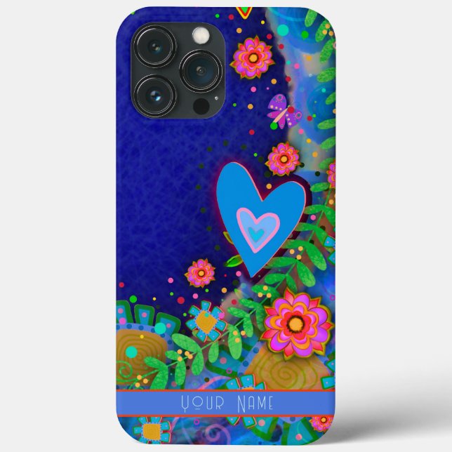 Fun Whimsical Blue Heart Floral Inspirivity Art Case-Mate iPhone Case (Back)